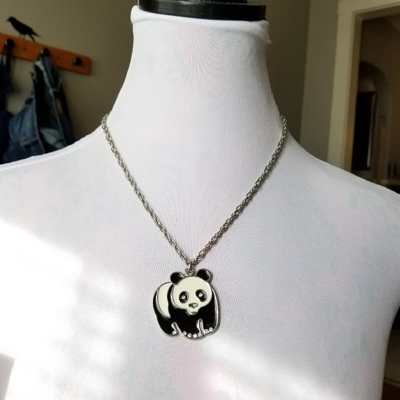 Panda Bear necklace enamel silver tone crystals - Picture 2 of 9